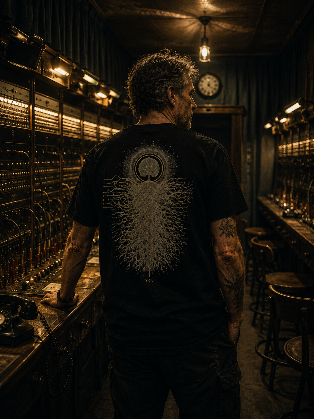 The Control Room Tee worn in a vintage control room, showing the EVAREN tree, roots, and signal-path artwork across the back.