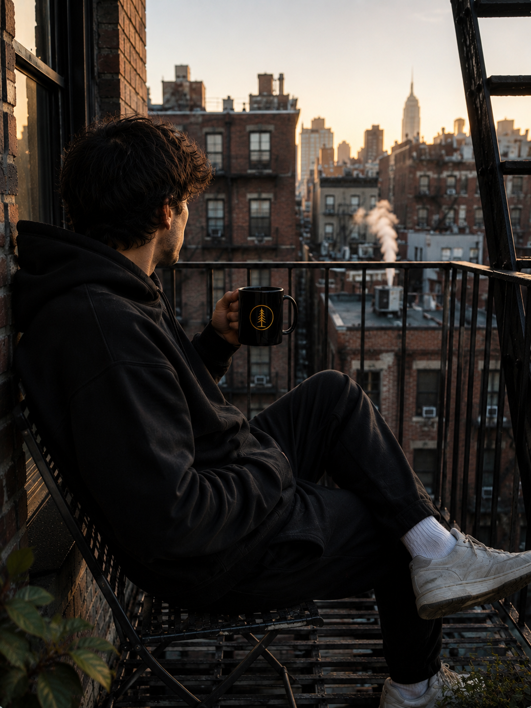 Man holding a black EVAREN Signature Coffee Mug on an apartment fire escape in the early morning.
