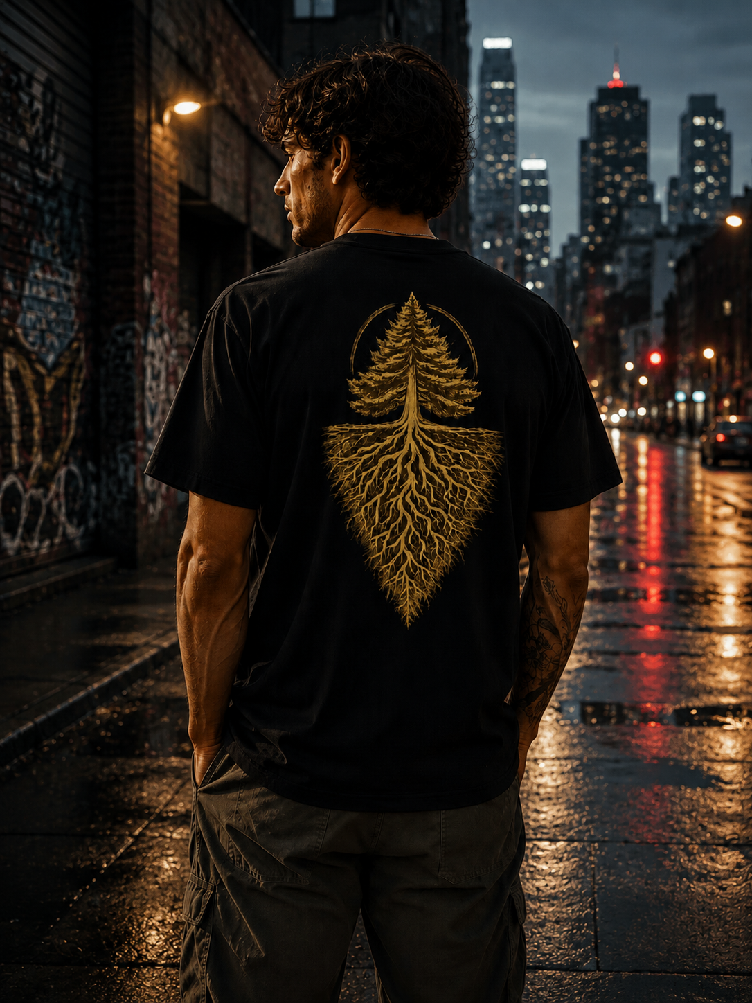     Man wearing black EVAREN Roots Tee on a rain-soaked city street at night
