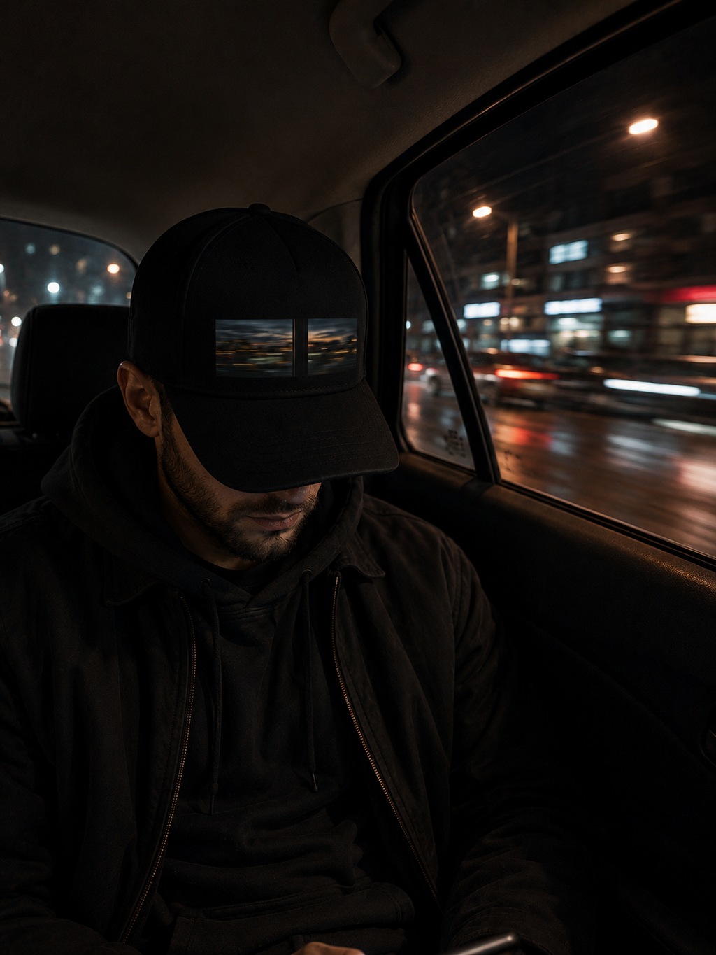 Man wearing The After Passing Cap in the back seat of a car at night with blurred city lights outside.