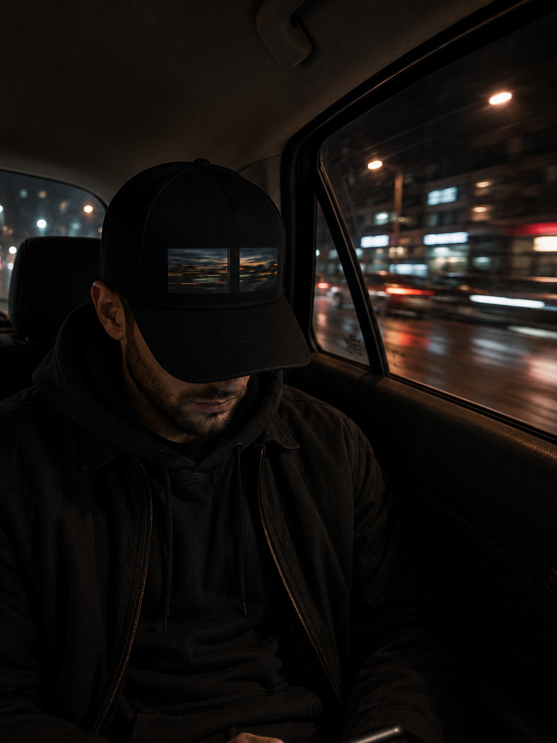 Man wearing The After Passing Cap in the back seat of a car at night with blurred city lights outside.
