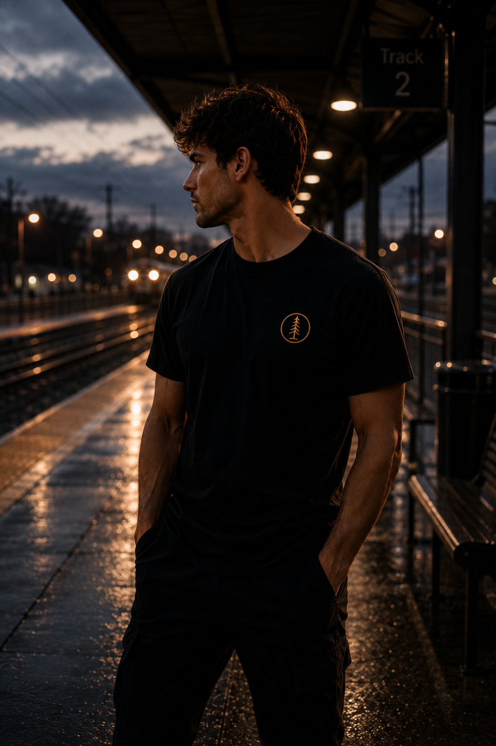     Man wearing black EVAREN Signature Tee with gold tree emblem on a wet train platform at dusk