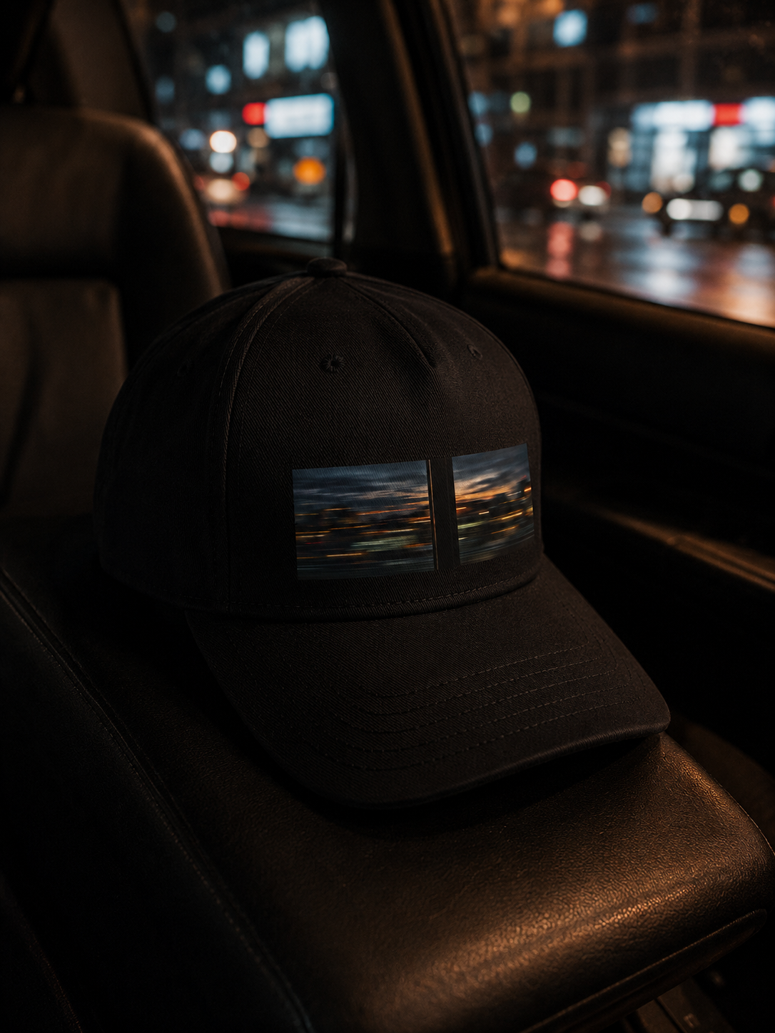 Close view of The After Passing Cap resting inside a car at night, showing the cityscape graphic and curved peak.