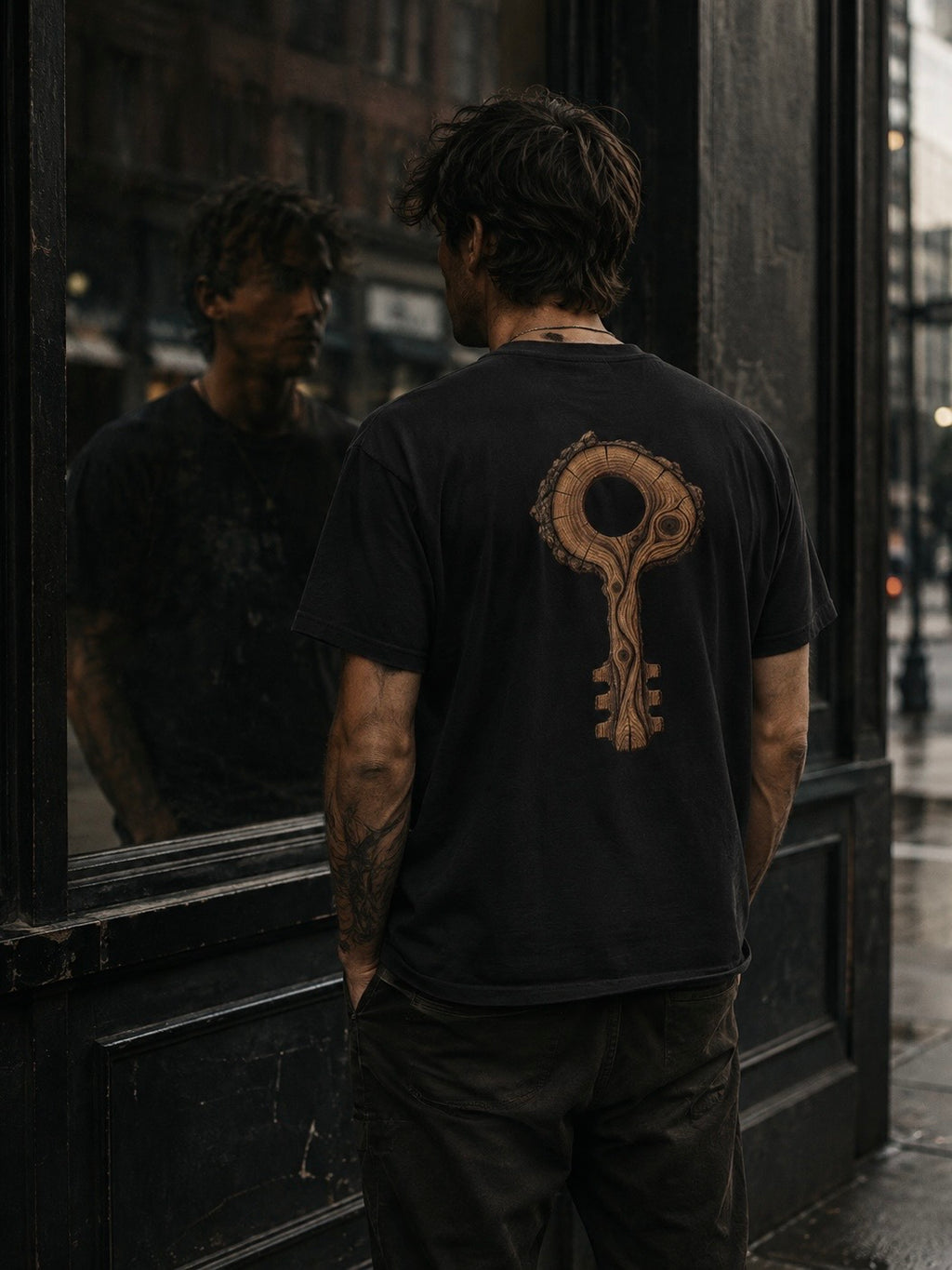 Man wearing The Key Within Tee from behind beside a reflective storefront window, featuring the EVAREN wood-grain key graphic.