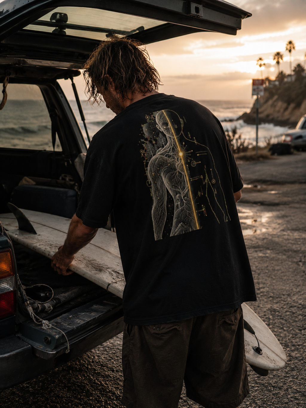 Surfer wearing The Translation Tee while loading a surfboard into a vehicle after a sunset session.