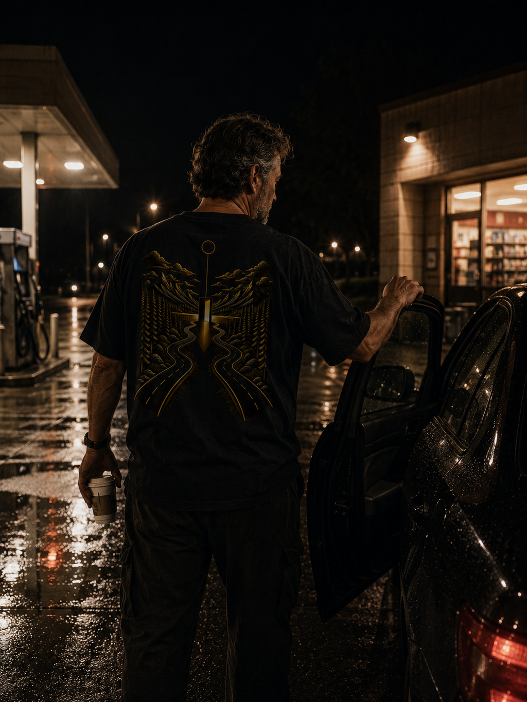 Man wearing The Roads Tee beside a car on a rainy night, showing the black oversized T-shirt and gold back artwork.