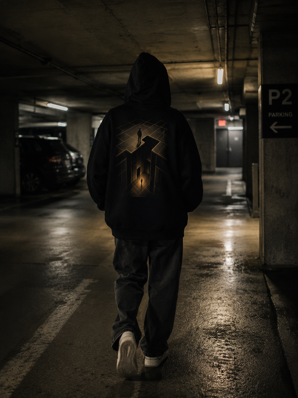Person wearing The Trap Door Hoodie walking through an underground parking garage, showing the back artwork.