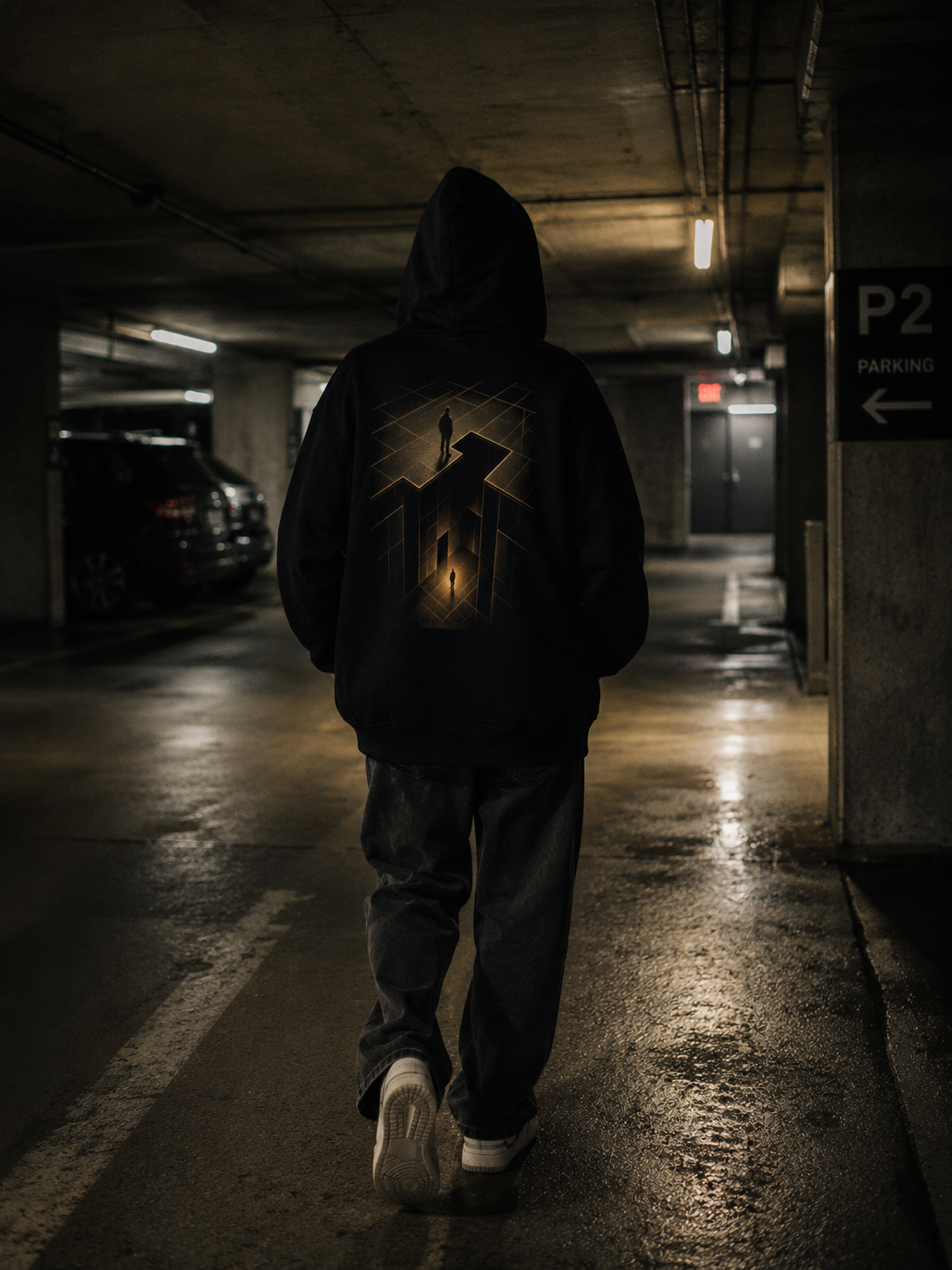Person wearing The Trap Door Hoodie walking through an underground parking garage, showing the back artwork.