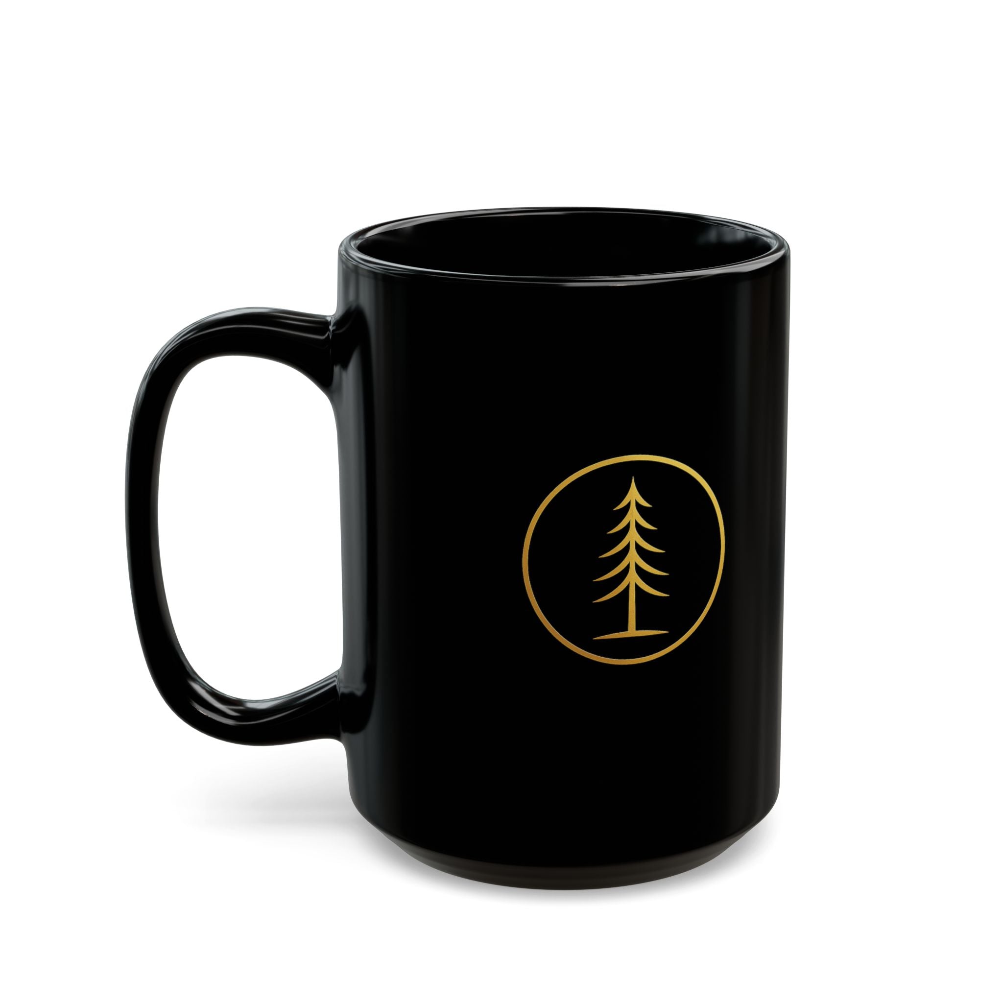 Angled front view of black EVAREN Signature Coffee Mug with gold tree emblem and handle on the left