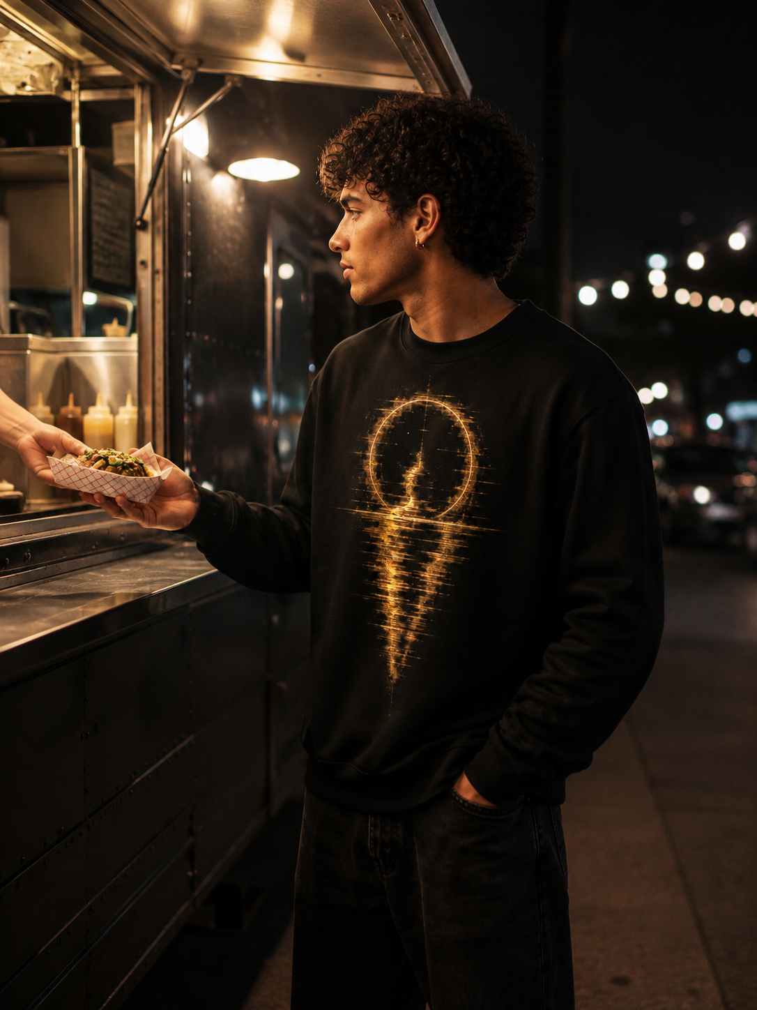 The Afterimage Sweatshirt worn at a nighttime food truck, featuring a large distorted gold reflection graphic on a black crewneck.