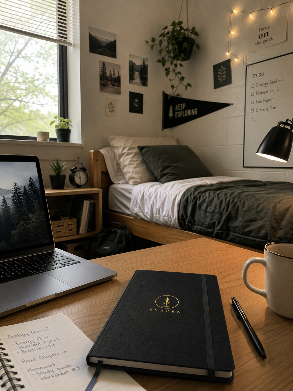 EVAREN Journal on a college dorm room desk beside a laptop, notebook, pen, and coffee mug