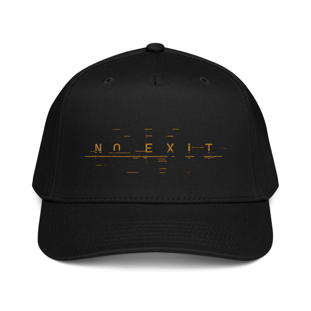 The NO EXIT Cap in black with fragmented gold NO EXIT graphic