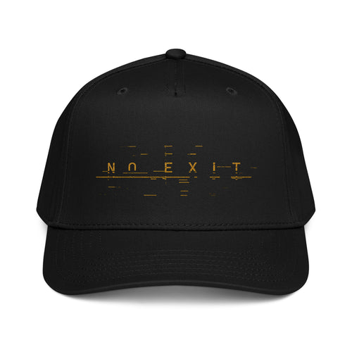 The NO EXIT Cap in black with fragmented gold NO EXIT graphic
