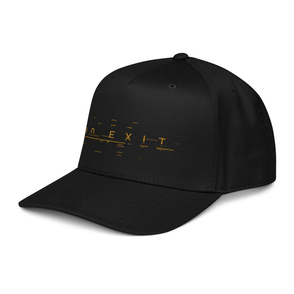 Angled view of The NO EXIT Cap with fragmented gold NO EXIT graphic