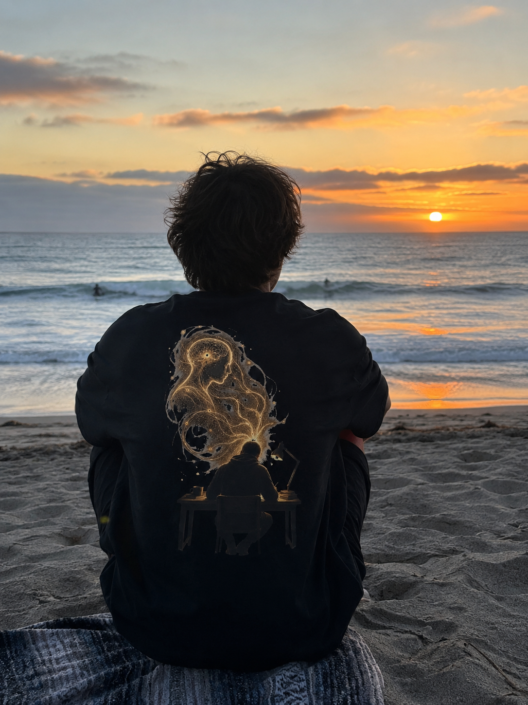 Person wearing The Other Sender oversized black tee while sitting on a beach at sunset, showing the large back artwork.