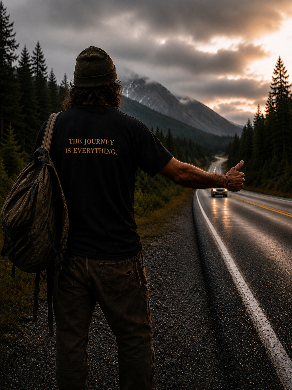 Man wearing The Journey Is Everything Tee while hitchhiking on a mountain road, shown from behind with the gold back design visible.