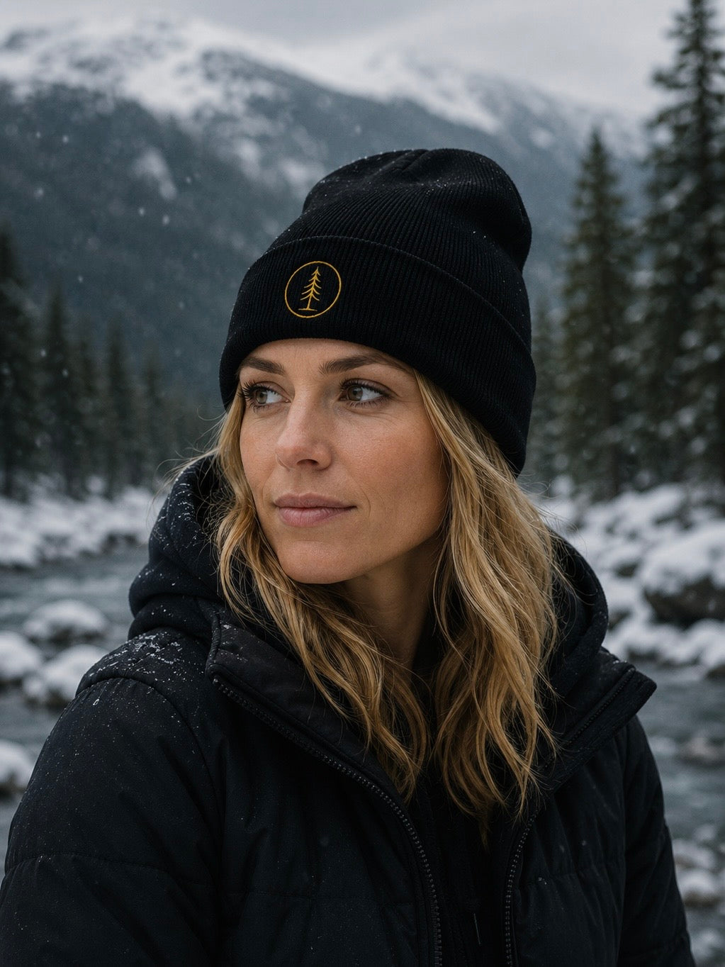 Woman wearing a black EVAREN Signature Beanie in a snowy mountain landscape