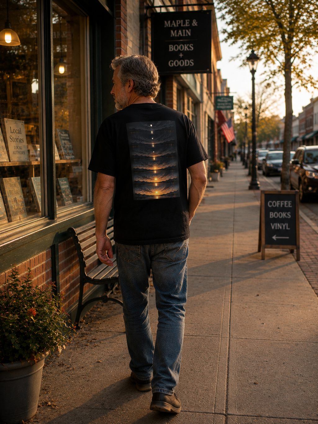 Man wearing The Interval Tee while walking past small-town storefronts at golden hour.