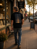 Man wearing The Interval Tee while walking past small-town storefronts at golden hour.