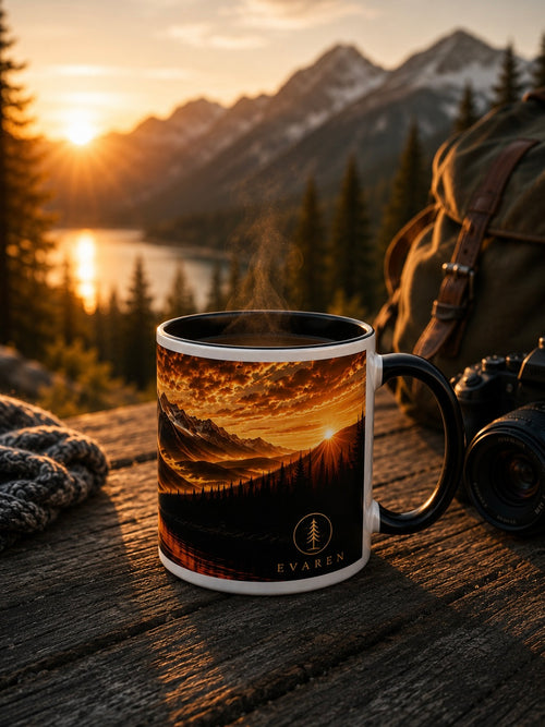 EVAREN Golden Hour Mug beside a camera overlooking a mountain lake at sunset