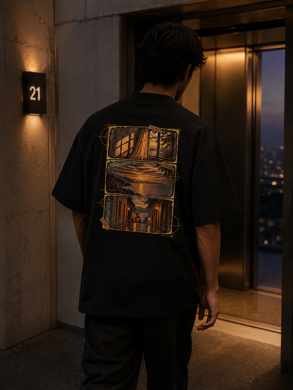 Person wearing the black EVAREN Out of Frame Tee from behind near an open elevator at dusk, showing the three-frame back artwork.