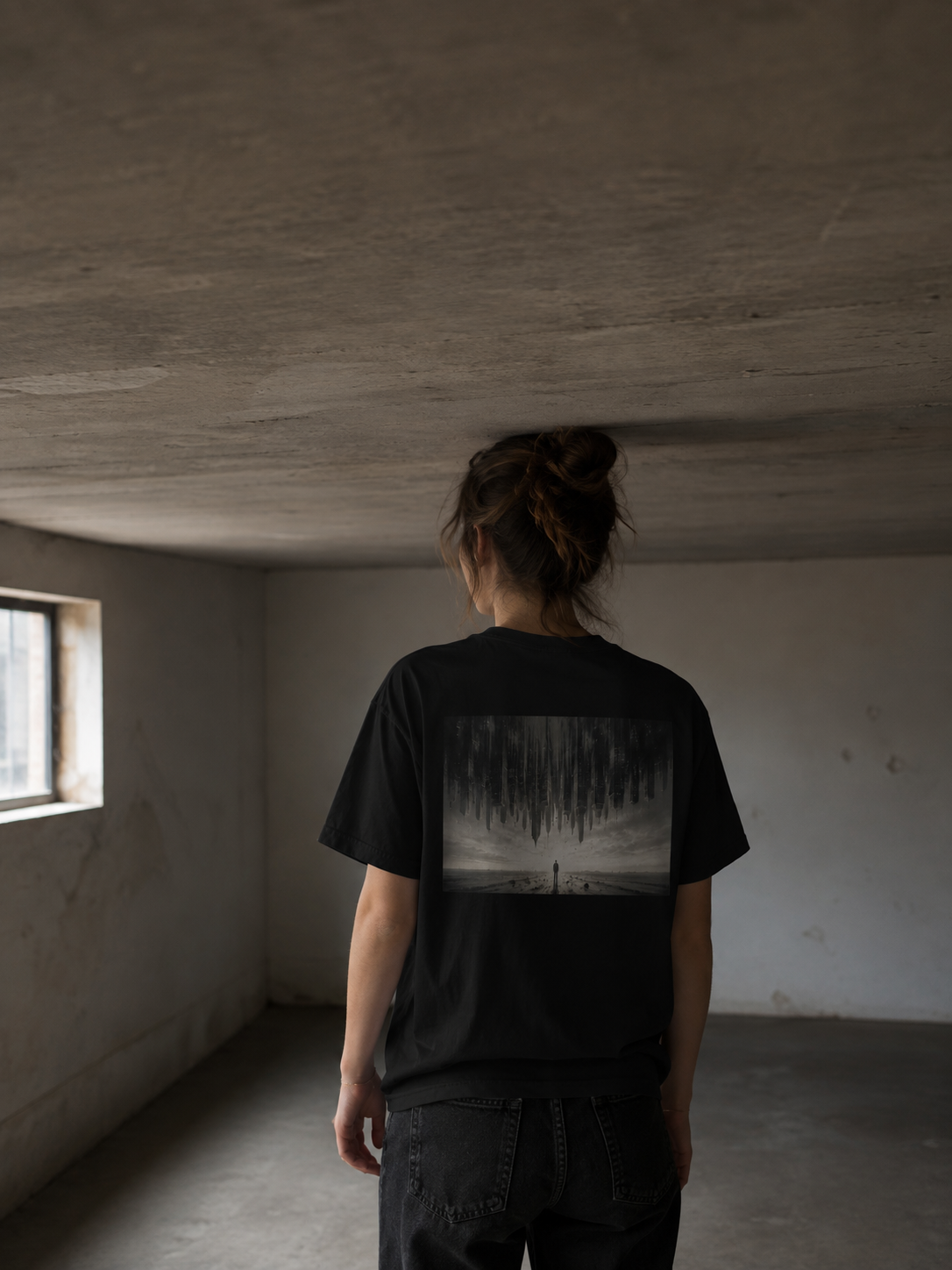 Woman wearing The Heavy Air Tee in a low-ceiling concrete room, showing the inverted city back graphic