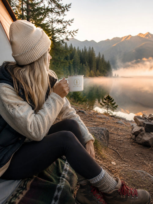 Woman holding white EVAREN Enamel Camp Mug beside a mountain lake at sunrise