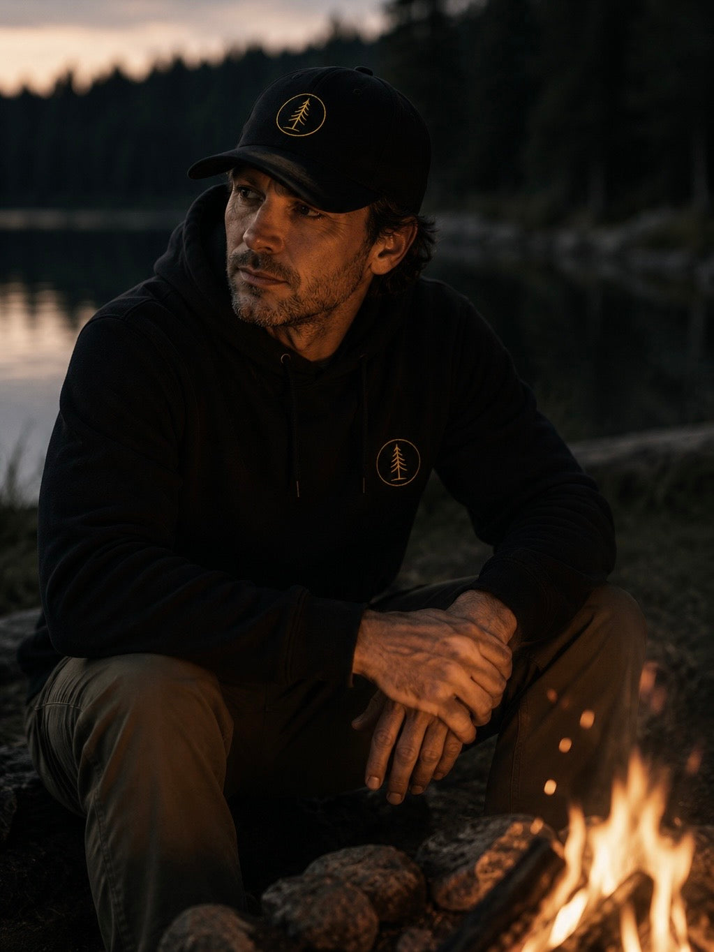 Man wearing a black EVAREN Signature Cap beside a lakeside campfire at dusk