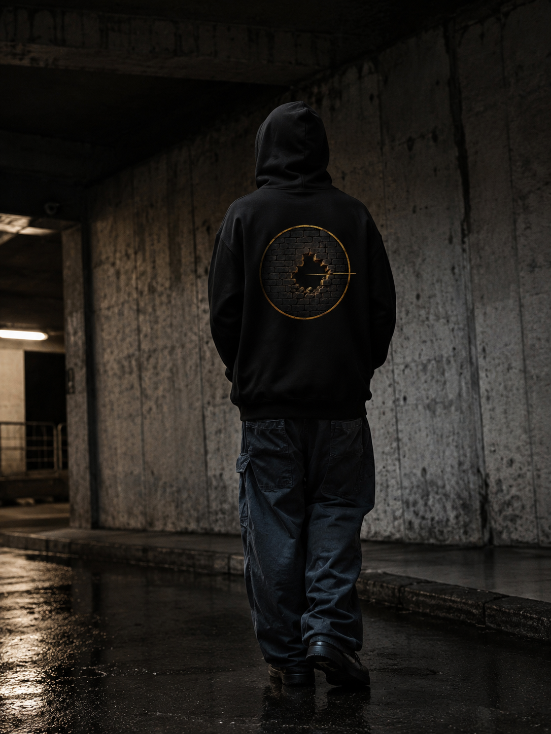 Person wearing The Break Hoodie from behind in a dim concrete urban passage, showing the gold broken-wall back artwork.