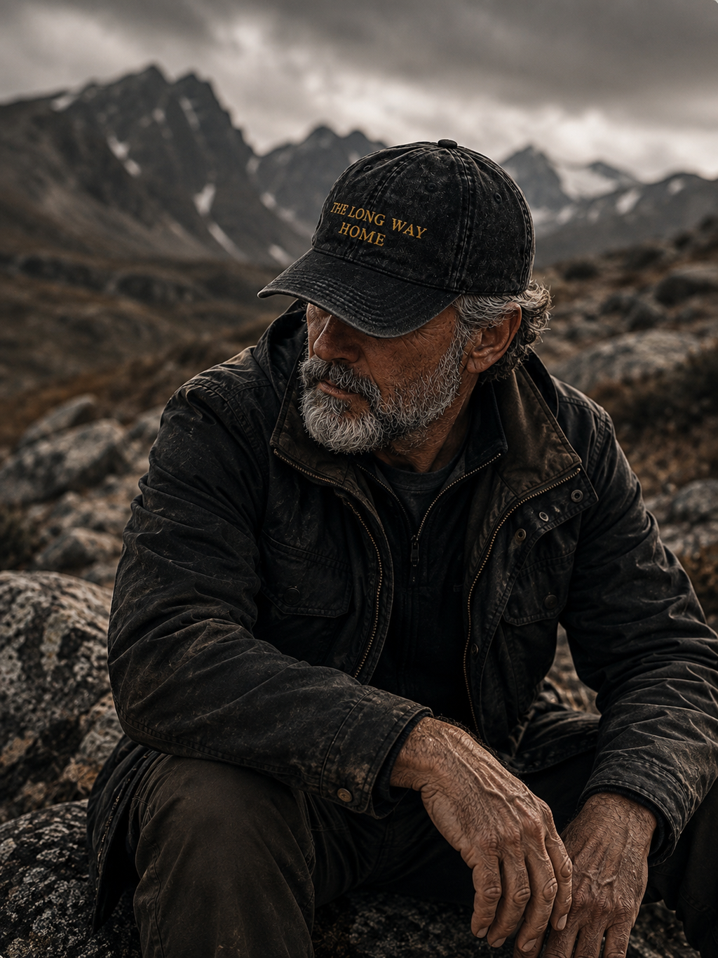 Man wearing The Long Way Home Vintage Cap in a mountain landscape, featuring muted gold THE LONG WAY HOME embroidery.