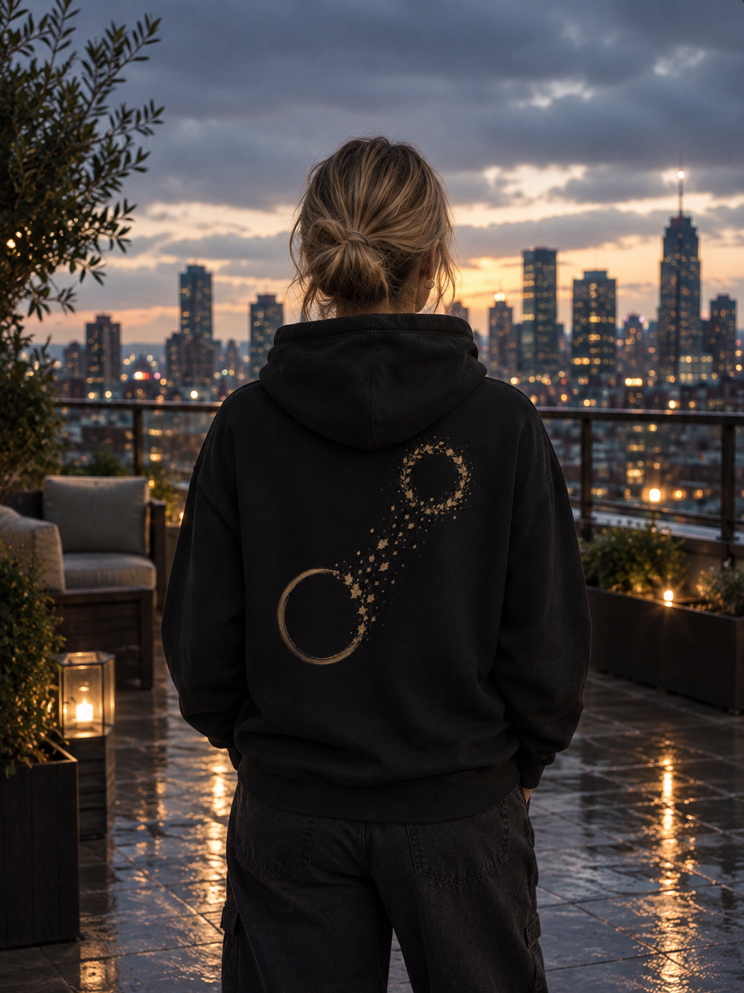 Woman wearing The Necessary Distance Hoodie on a rooftop terrace at dusk, showing the muted gold back artwork.