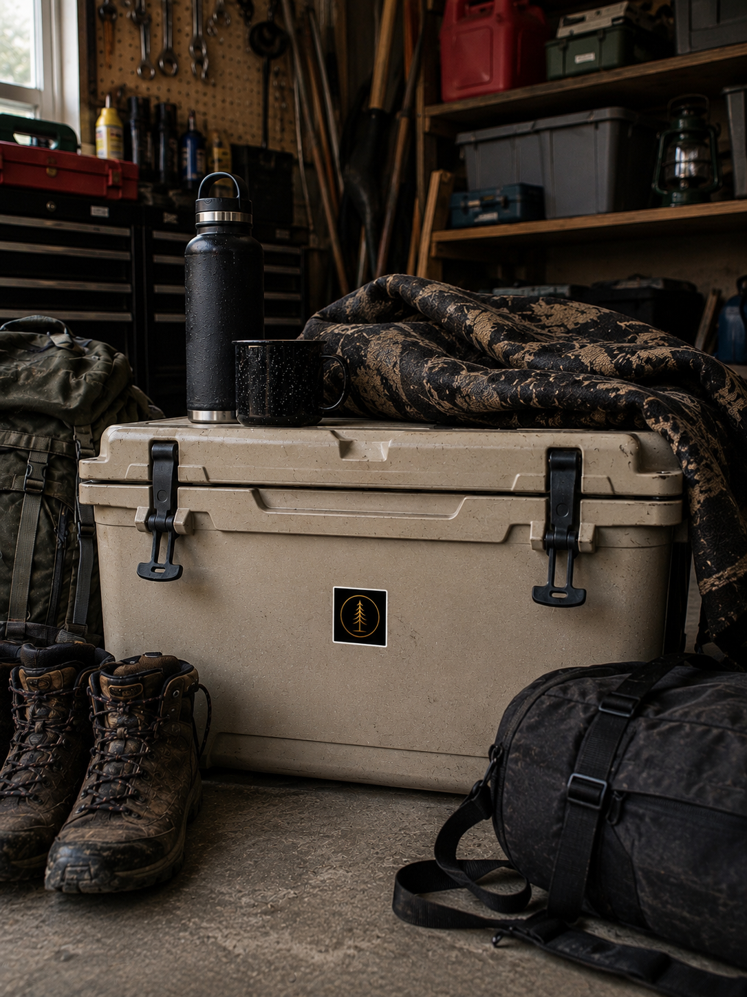 EVAREN square sticker with gold evergreen emblem on a well-used cooler among camping gear, boots, and a blanket in a lived-in garage.