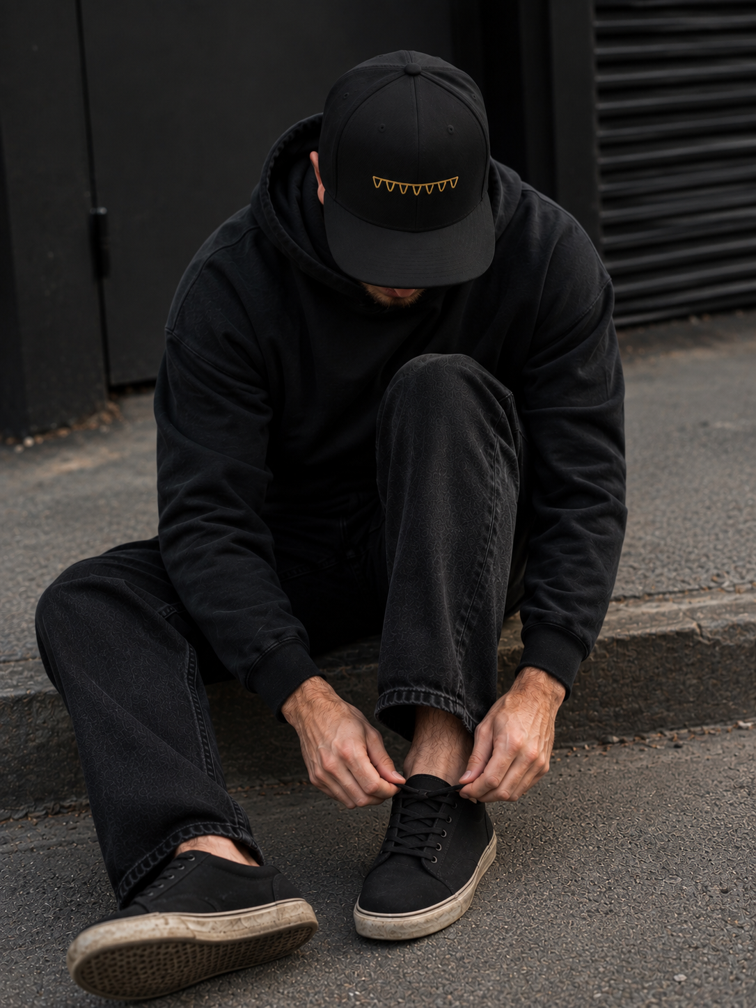 Person wearing The Suspension Cap, a black flat-brim snapback with muted antique-gold embroidery, while tying their shoe outdoors.
