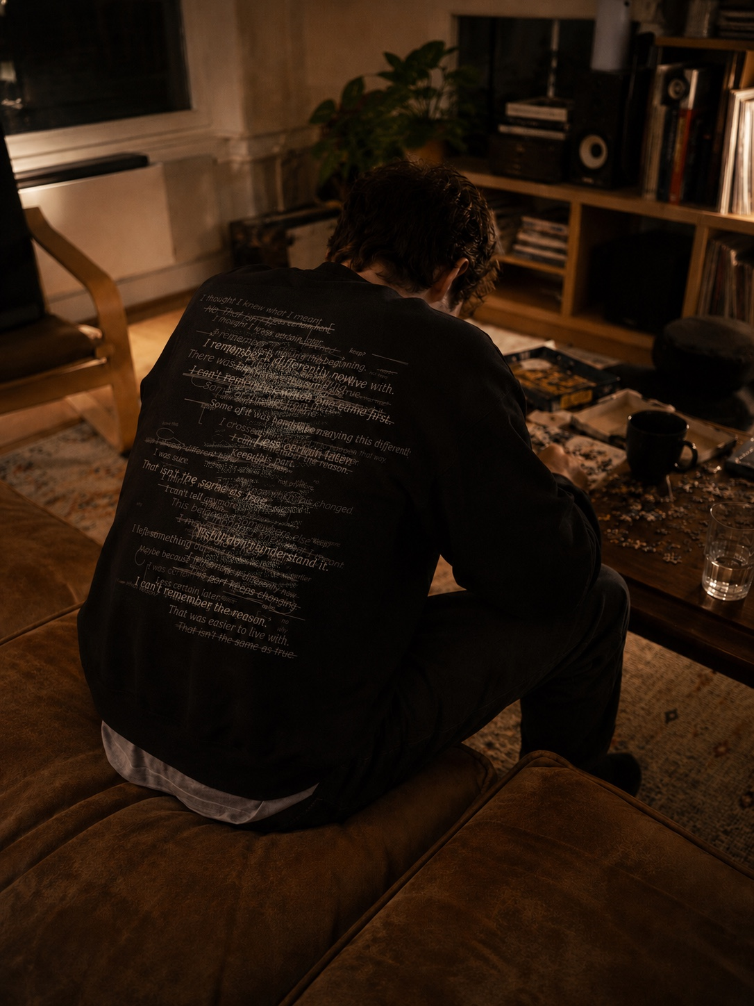 Person wearing The Palimpsest Sweatshirt while leaning over a coffee table in a lived-in living room.