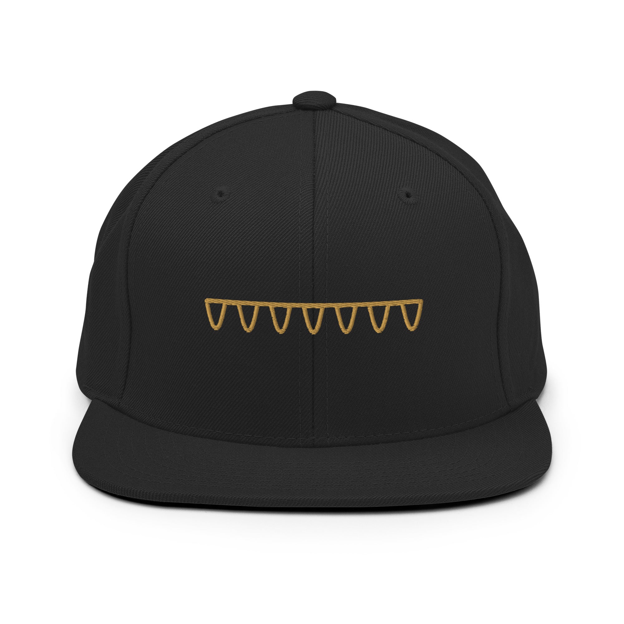 Front view of The Suspension Cap in black with muted antique-gold embroidered suspension design.