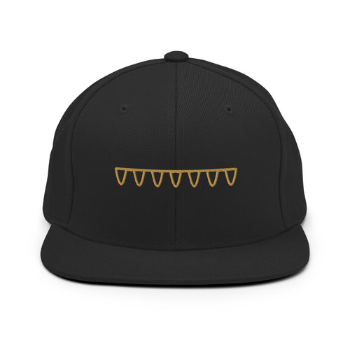 Front view of The Suspension Cap in black with muted antique-gold embroidered suspension design.