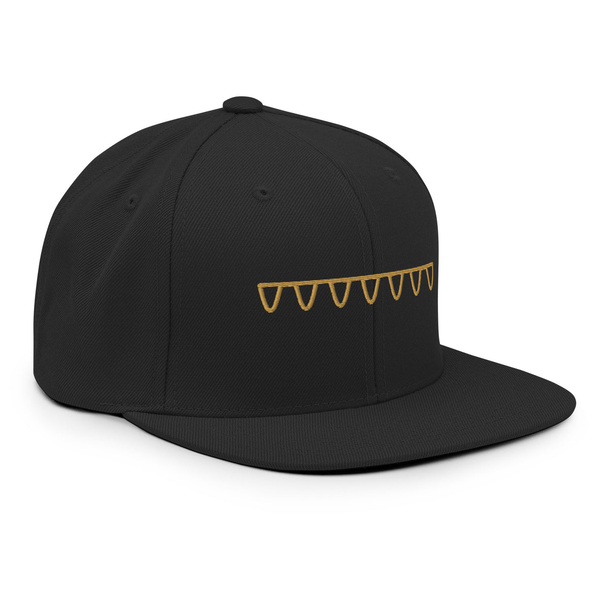 Three-quarter view of The Suspension Cap in black with muted antique-gold embroidery and flat brim.