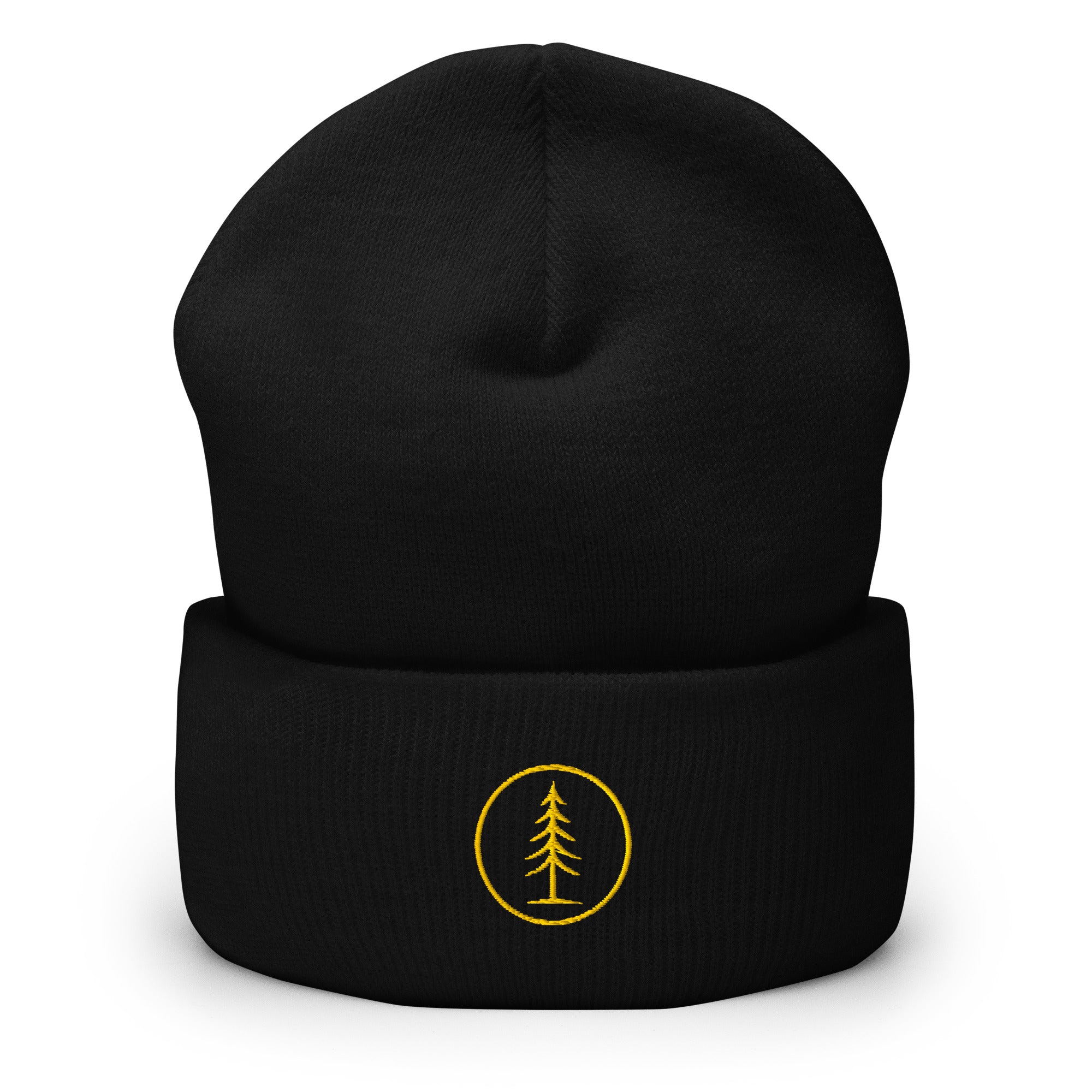 Front view of black EVAREN Signature Beanie with gold embroidered tree emblem on the cuff
