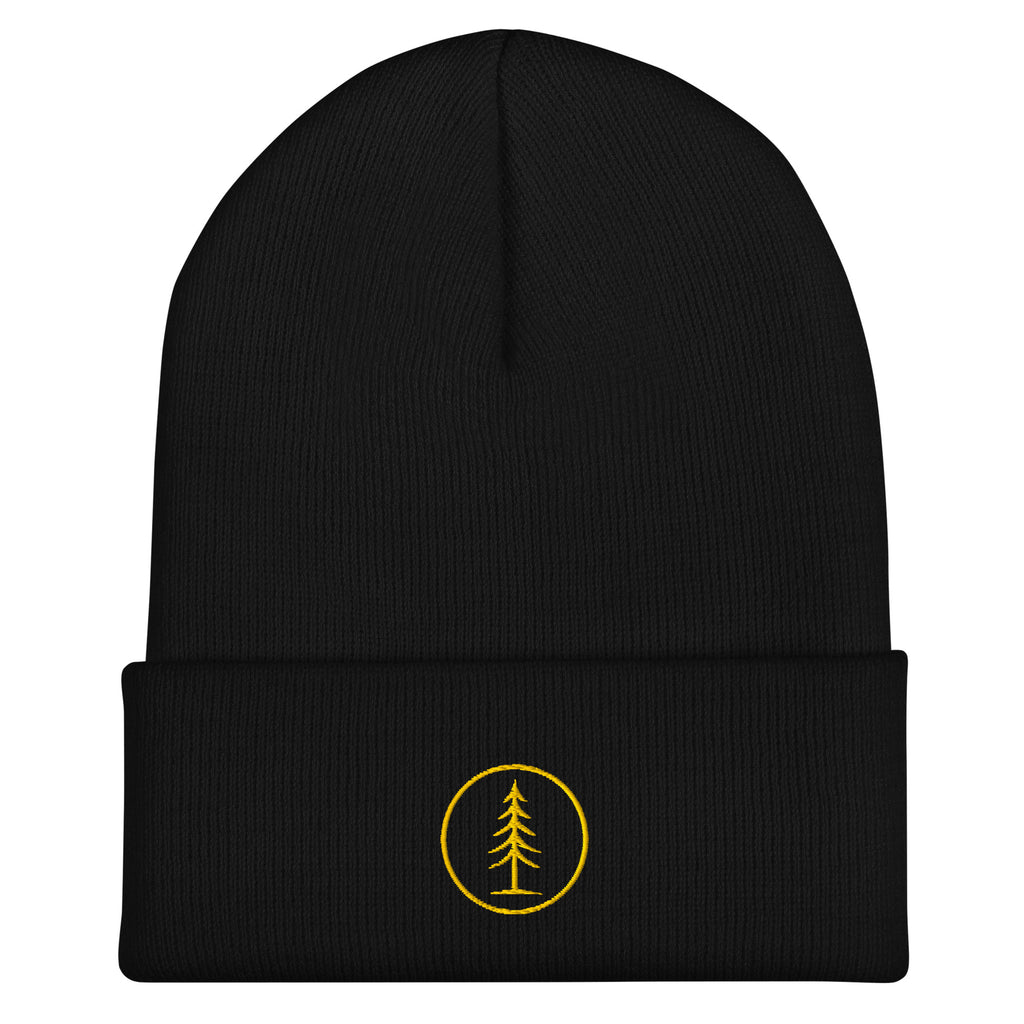 Front view of black EVAREN Signature Beanie with gold embroidered tree emblem on the cuff