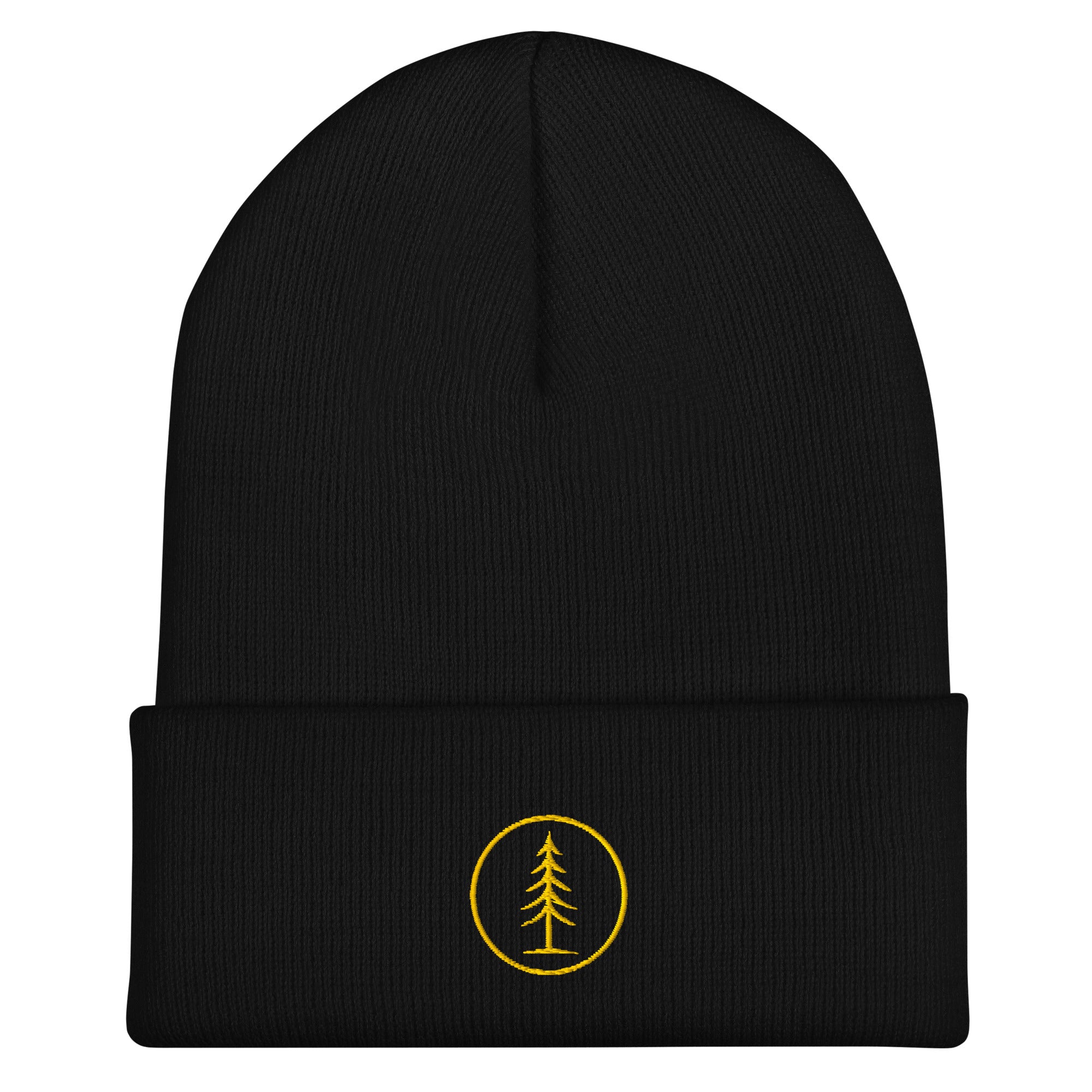 Front view of black EVAREN Signature Beanie with gold embroidered tree emblem on the cuff