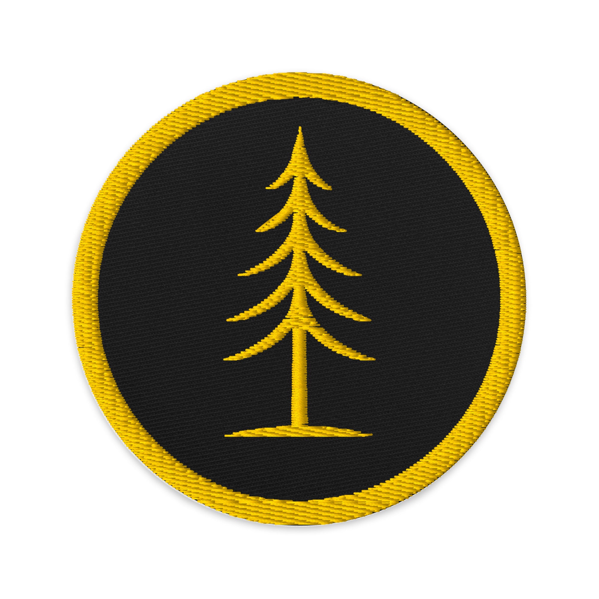 EVAREN embroidered Tree Patch in black and gold with evergreen emblem.