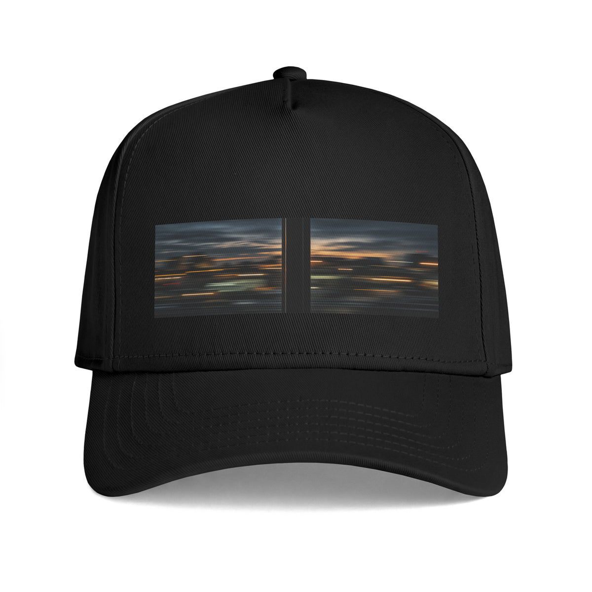 The After Passing Cap in black with a motion-blurred cityscape graphic across the structured front panel.