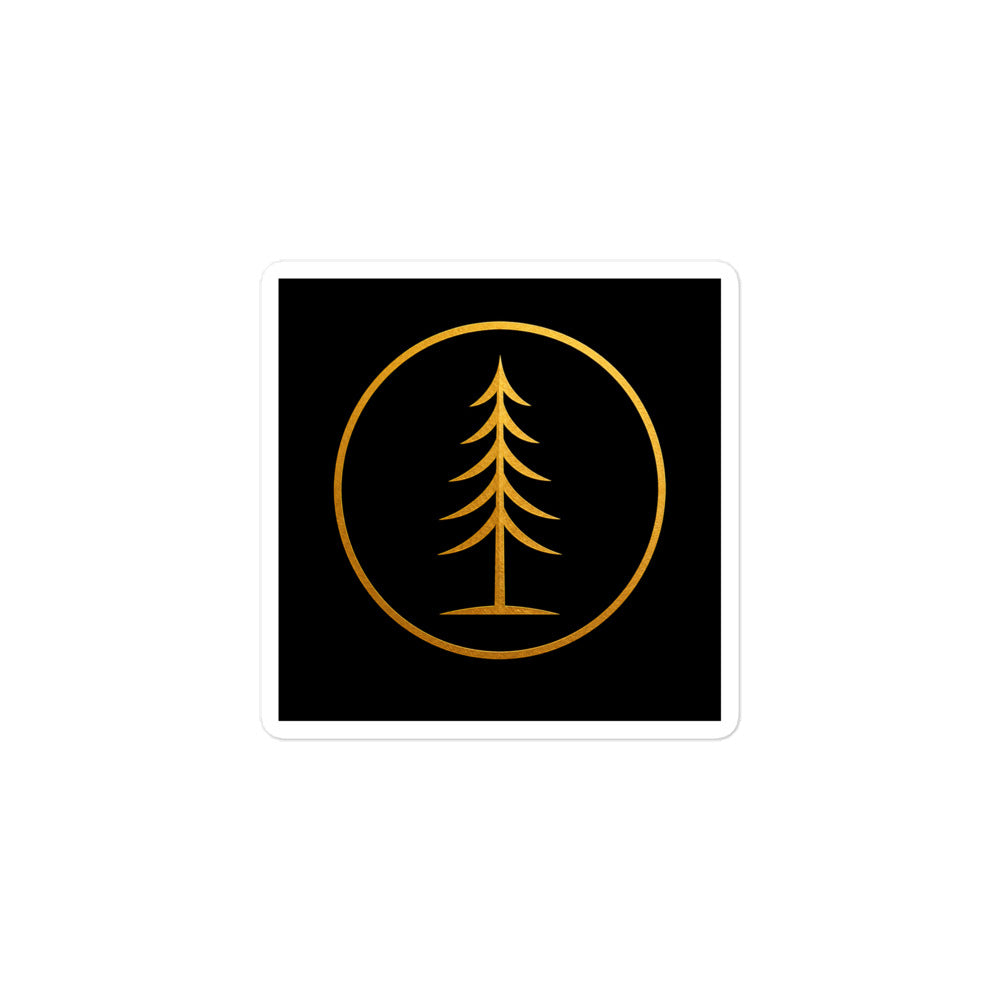 EVAREN 3 × 3 inch square kiss-cut sticker featuring the gold evergreen emblem on a black background with a white peel border.
