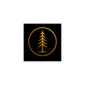 EVAREN 3 × 3 inch square kiss-cut sticker featuring the gold evergreen emblem on a black background with a white peel border.