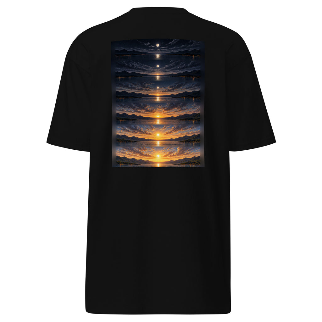 Back of The Interval Tee in black featuring a sequence of horizon scenes transitioning from night to daylight.