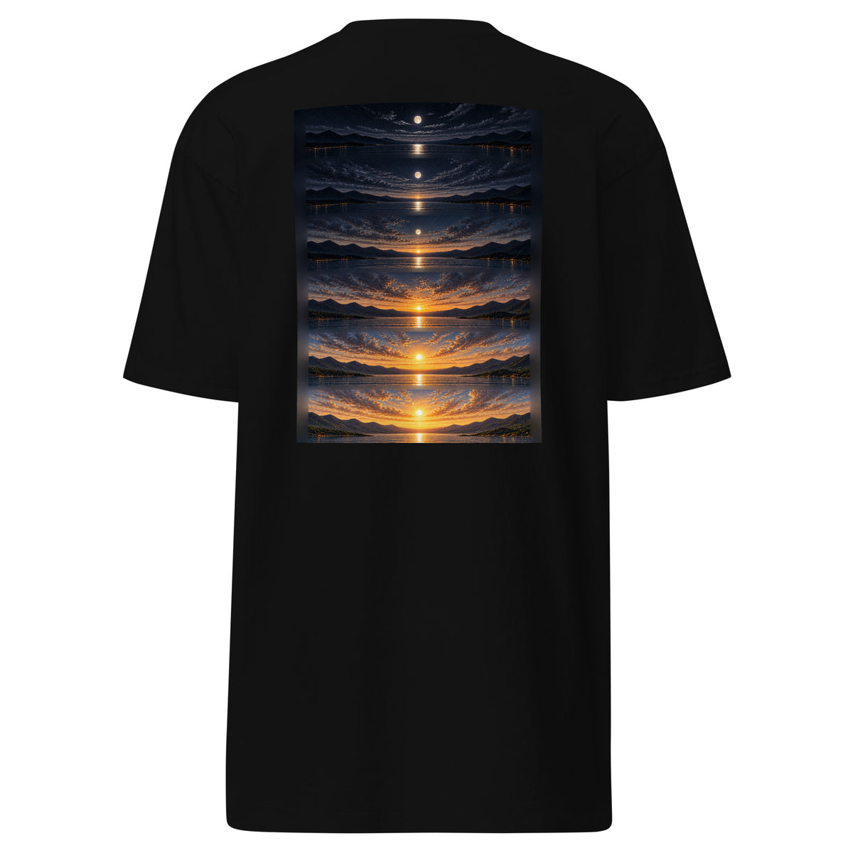 Back of The Interval Tee in black featuring a sequence of horizon scenes transitioning from night to daylight.