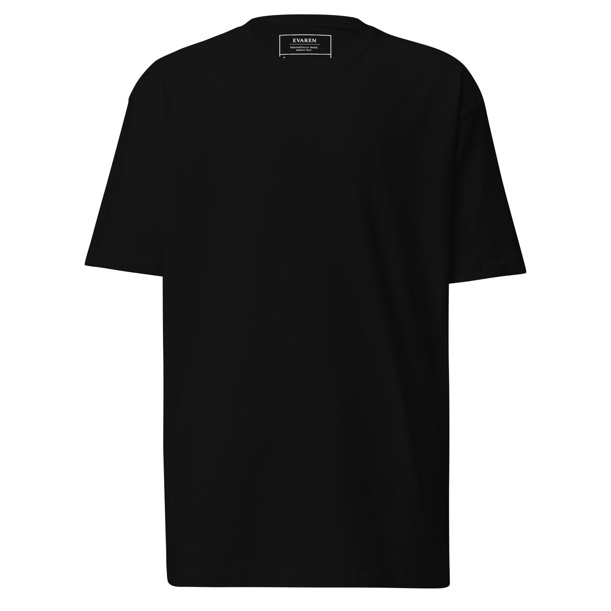 Front of The Interval Tee in black with a clean, unprinted design and custom EVAREN inside neck label.
