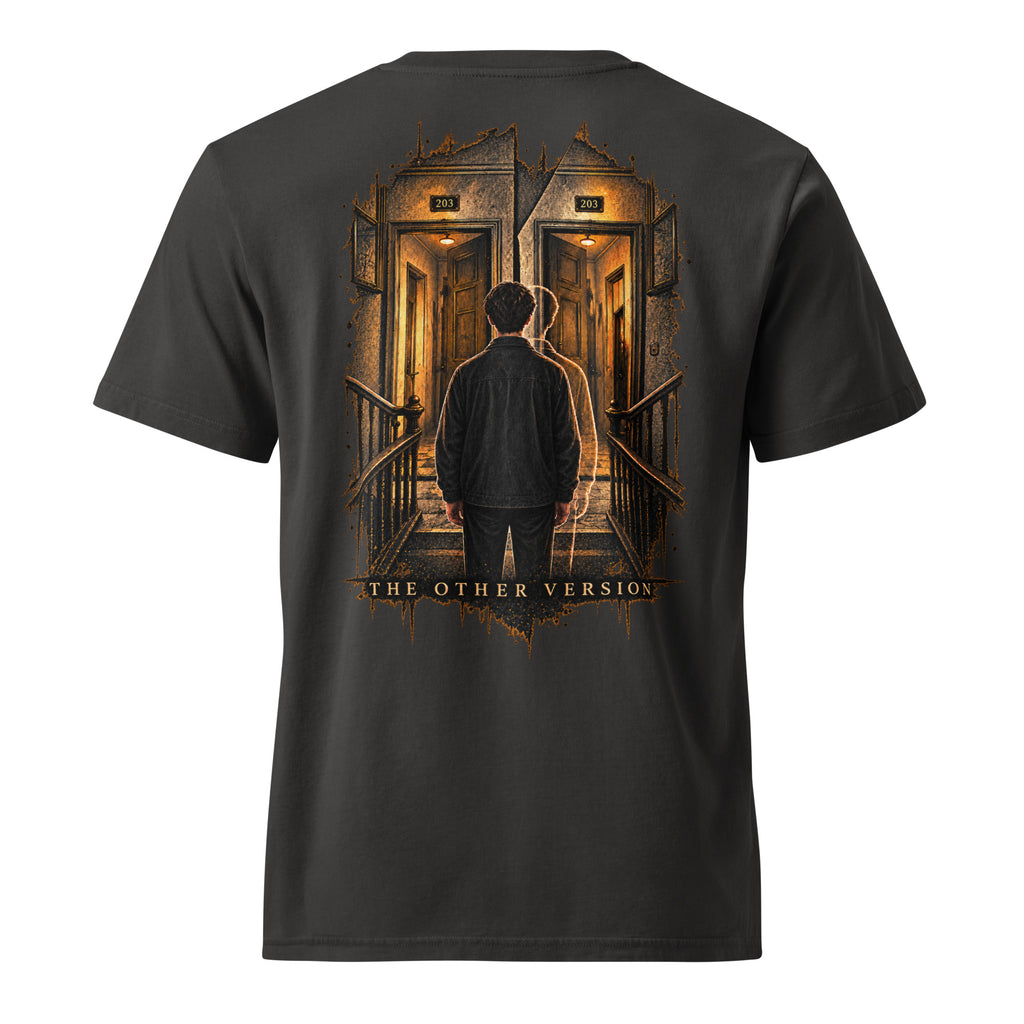 Back of the EVAREN The Other Version Tee featuring the large gold-toned doorway and alternate-self illustration.