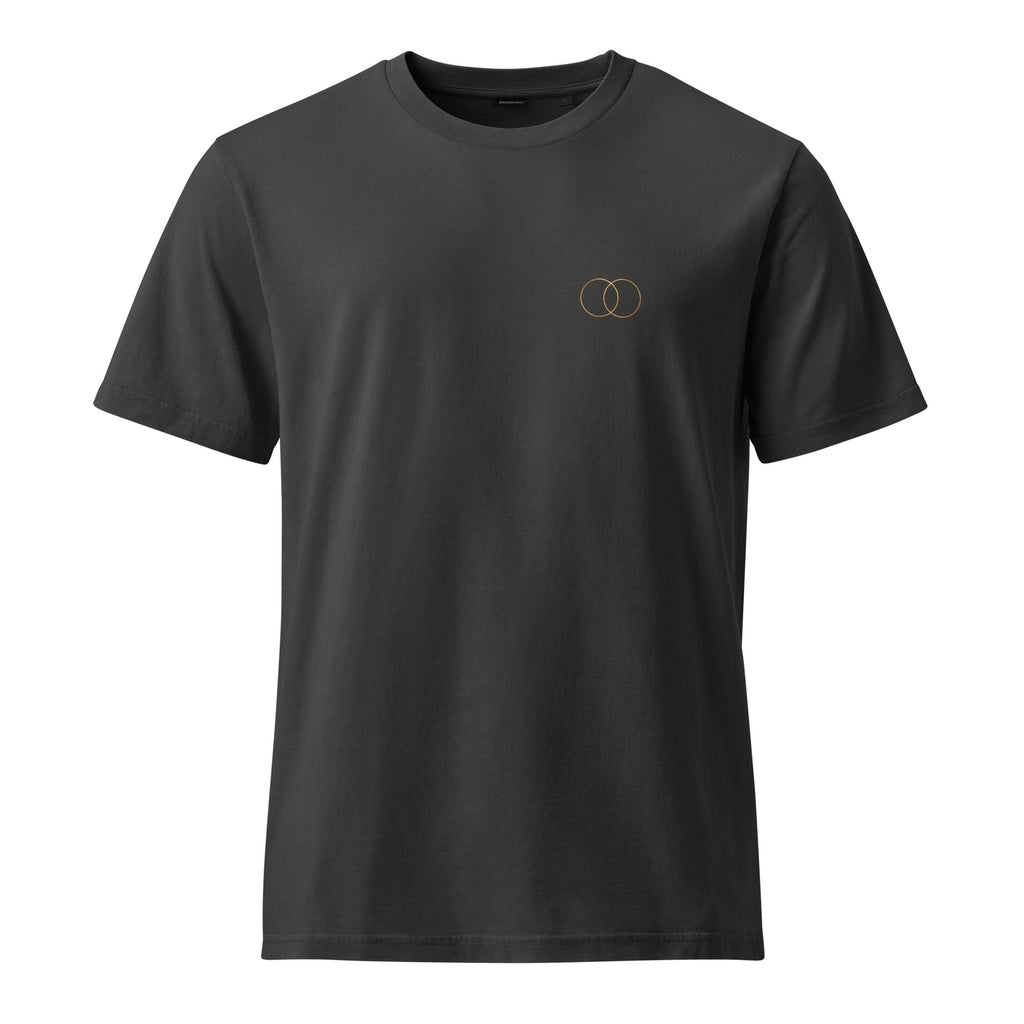 Front of the EVAREN The Other Version Tee in garment-dyed Black Rock with a minimal overlapping-circle left-chest mark.