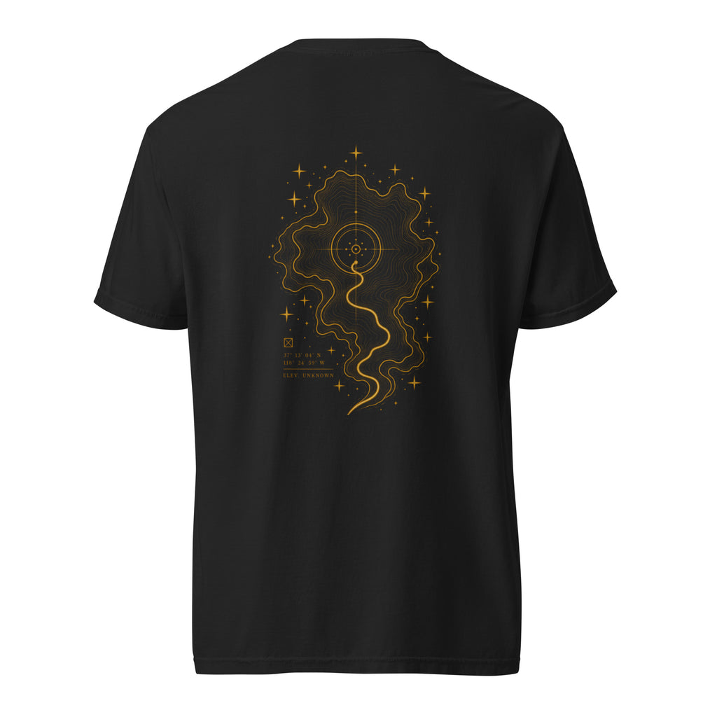 Back of The Inner Map Tee by EVAREN with gold topographic artwork and winding path graphic